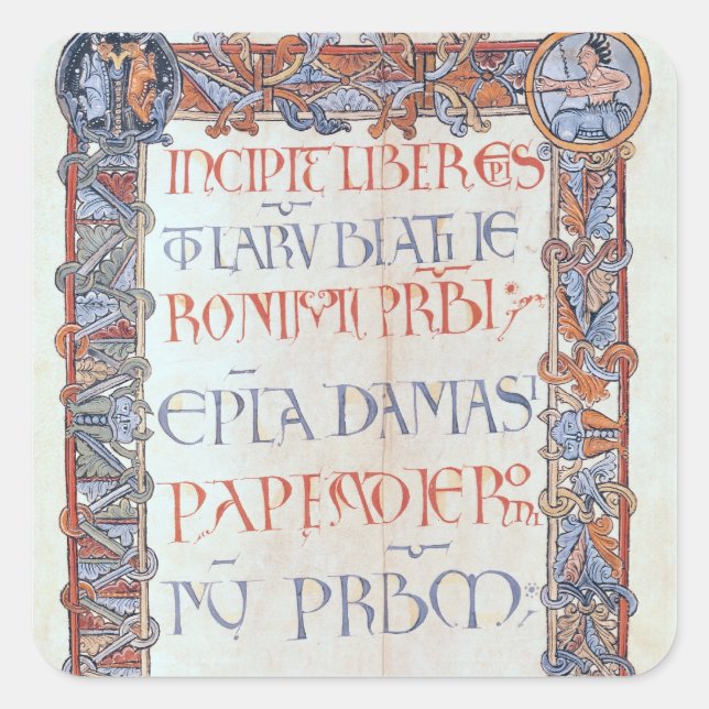 Page of text with a floriated border square sticker (Front)