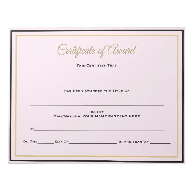 Pageant Certificates-Award Notepad (Front)