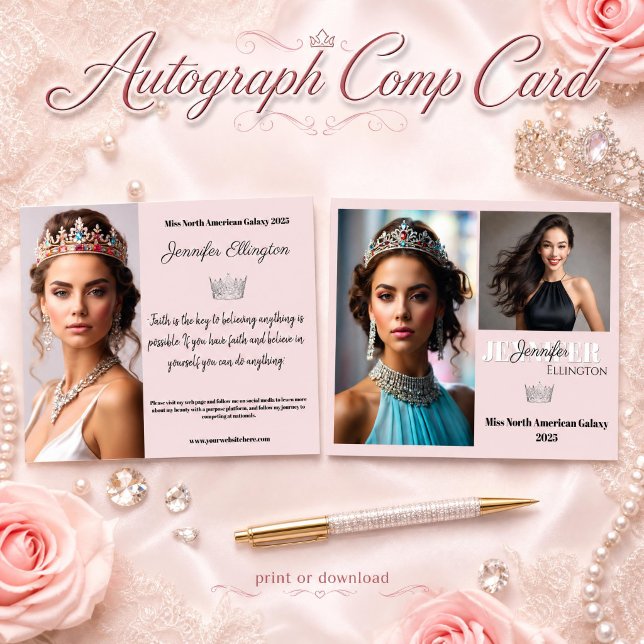 Pageant Essentials Autograph Comp Card (Dazzle them with a beautiful blush pink autograph comp card for pageant contestants and titleholders)