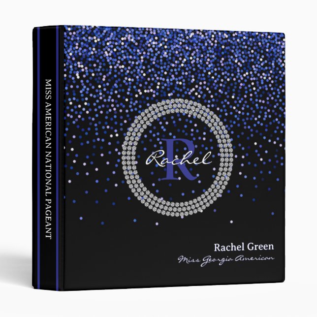 Pageant Notebook Blue Glitter Monogram Rhinestone 3 Ring Binder (Front/Spine)