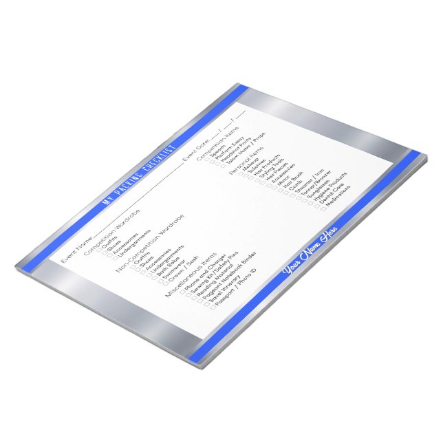 Pageant Packing Checklist Royal Blue and Silver  Notepad (Angled)