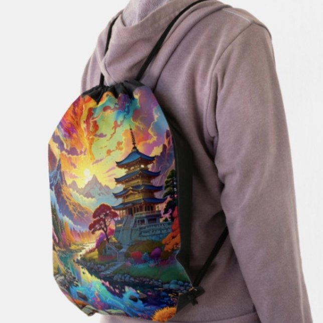 Pagoda and Coloured Landscape Drawstring Bag (Vibrant Pagoda  Fantasy Landscape drawstring bag 100% polyester reinforced black trim and grommets. )