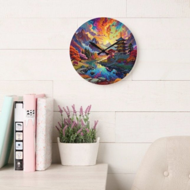 Pagoda and Coloured Landscape  Large Clock (Vibrant Pagoda  Fantasy Landscape  high-quality wall clock vibrantly printed non-ticking design. )