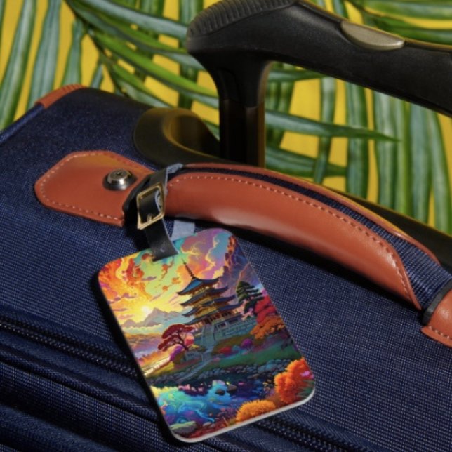 Pagoda and Coloured Landscape Luggage Tag (Vibrant Pagoda  Fantasy Landscape single-sided w Card Slot, weatherproof, leather strap included. 
)
