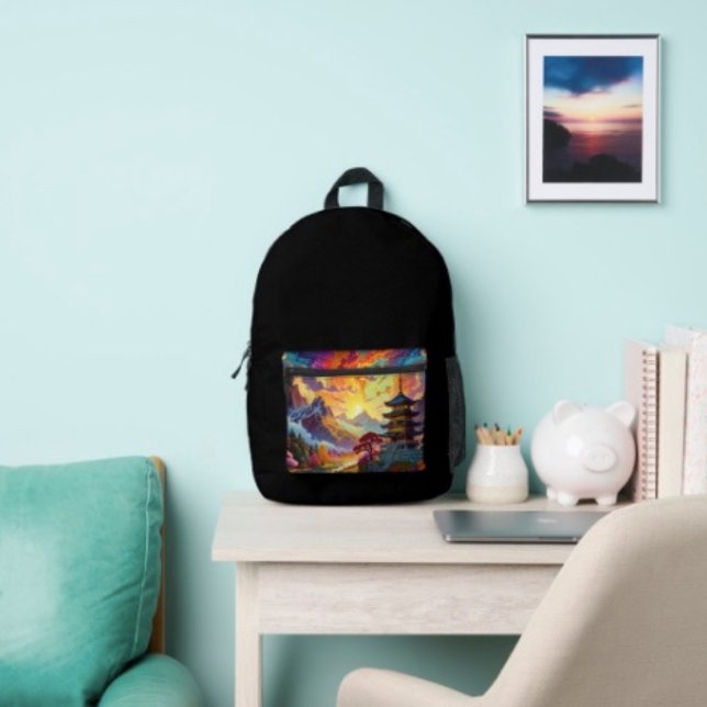 Pagoda and Coloured Landscape Printed Backpack (Vibrant Pagoda  Fantasy Landscape Back ack lightweight and durable padded shoulder straps. 
)