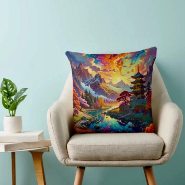Pagoda and Coloured Landscape  Throw Pillow (Creator Uploaded)