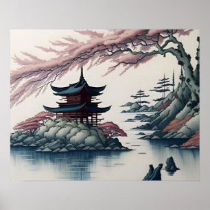 Pagoda and Landscape Scenery Poster