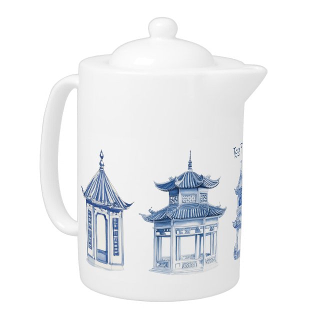 Pagoda Chinoiserie Blue and White Tea Pot (Left)