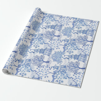 Pagoda Forest in Blue on White Wrapping Paper