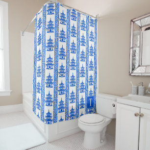 Pagoda Greek Key Stripe – Royal Blue Chinoiserie Shower Curtain