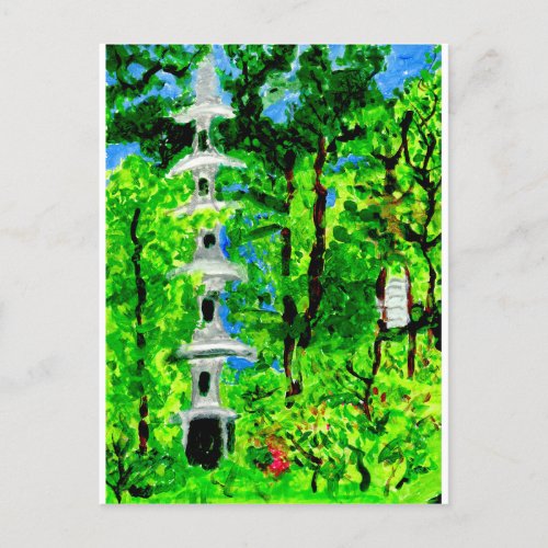 Pagoda in lush spring landscape postcard