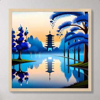 pagoda painting japan building sunrise look bluish poster