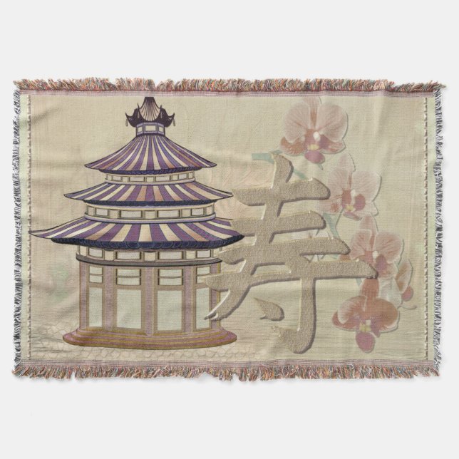 Pagoda Rose Mixed Media Oriental Throw Blanket (Front)