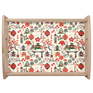 Pagoda & Sakura Flower Wood Serving Tray