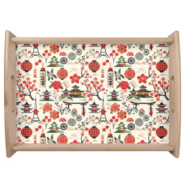 Pagoda & Sakura Flower Wood Serving Tray (Front)