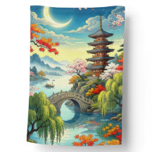 PAGODA, WILLOW TREES, & MOON OVER BRIDGE