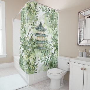 Pagoda Woodland Sage Olive Watercolor Shower Curtain