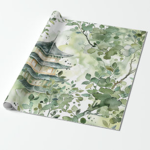 Pagoda Woodland Sage Olive Watercolor Wrapping Paper