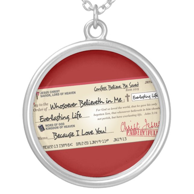 Paid in Full Saved by Jesus Check Silver Plated Necklace (Front)