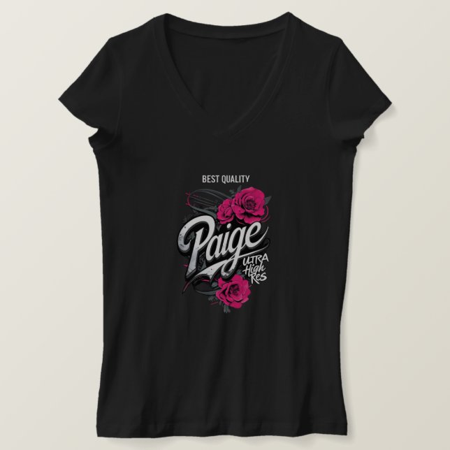 Paige Floral Rose Elegant Women's Black V-Neck  T-Shirt (Design Front)