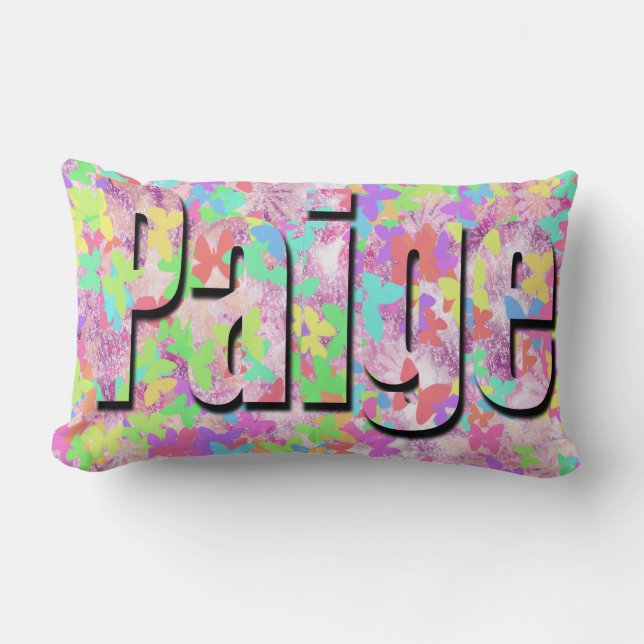 Paige, Girls Nome Logo On Pastel Butterflies, Lumbar Pillow (Front)