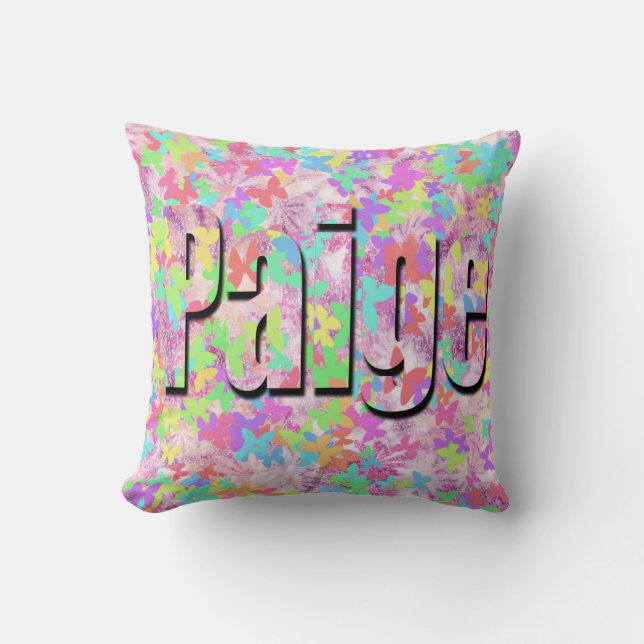Paige, Girls Nome Logo On Pastel Butterflies, Throw Pillow (Front)
