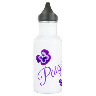 Paige, Name Logo With Purple Pansies, Stainless Steel Water Bottle