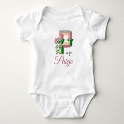 Paige Name Reveal Floral Letter P Girl Rose Flower Baby Bodysuit
