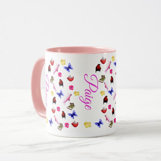 Paige, Name With Bunnies, Parrots, Butterflies, Mug (Front Left)