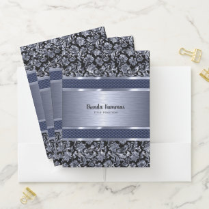 Pail Blue Metallic Damasks & Steel Stripes Pocket Folder