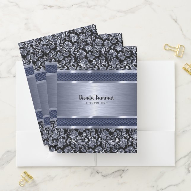 Pail Blue Metallic Damasks & Steel Stripes Pocket Folder (In Situ)