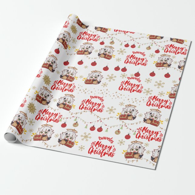 Paimon Christmas themed gift wrapper Wrapping Paper (Unrolled)