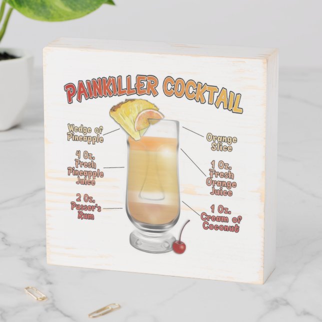 PAINKILLER Cocktail Recipe Art 6"x6" Wooden Box Sign (In Situ Horizontal)