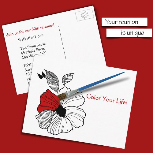 Paint a Flower Red to Add Color for Save the Date Announcement Postcard