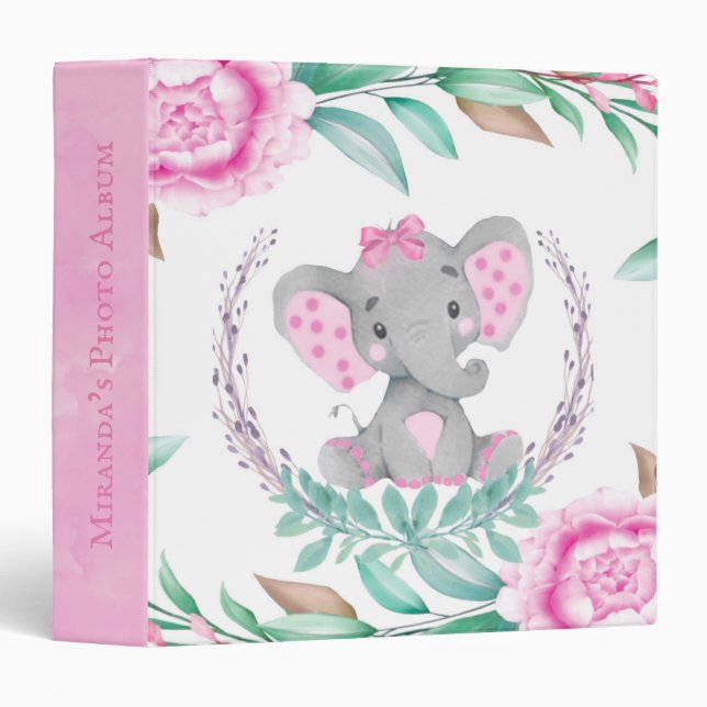 Paint Adorable Elephant Pink Peony Monogram 3 Ring Binder (Front/Spine)