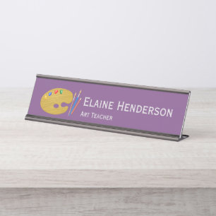 Paint and Brushes on Purple Art Teacher Desk Name Plate