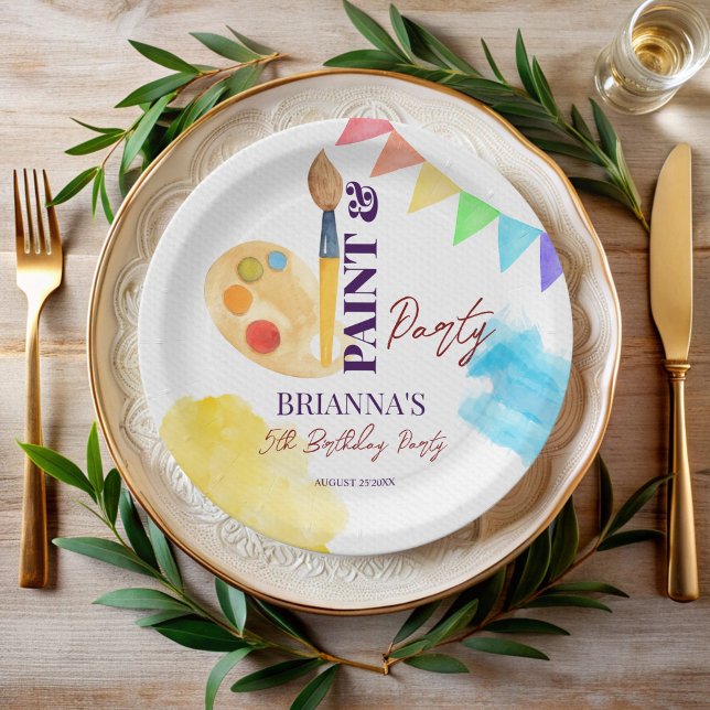 Paint and party art themed party monogrammed paper plates (Paint and party art themed birthday party monogrammed paper plates personalized art party plates)