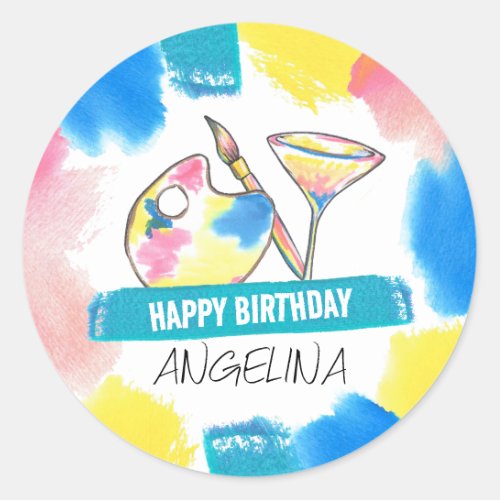 Paint and Sip Adult Birthday Painting  Wine Party Classic Round Sticker