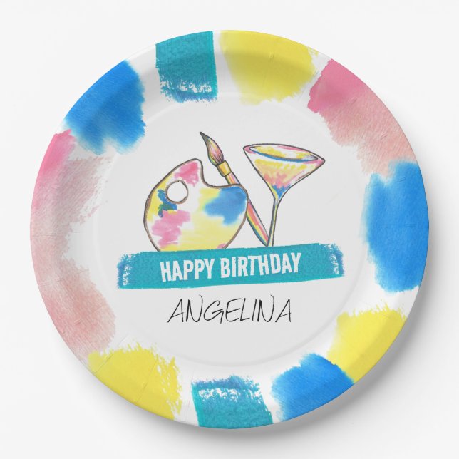 Paint and Sip Adult Wine Birthday Painting Party Paper Plates (Front)