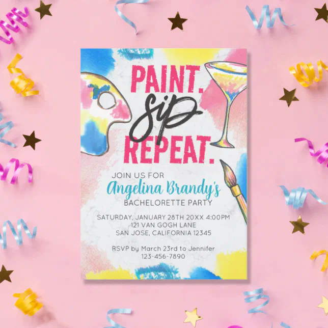 Paint and Sip Bachelorette Art Party Marble Invitation | Zazzle