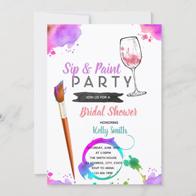 Paint and sip bridal shower party invitation (Front)