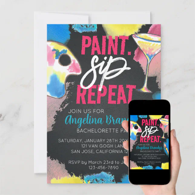 Paint and Sip Chalkboard Bachelorette Art Party Invitation | Zazzle