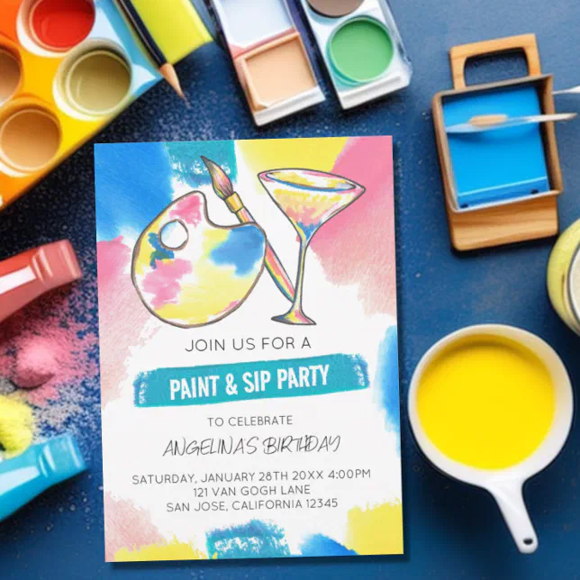 Paint and Sip Painting and Wine Birthday Party Invitation | Zazzle