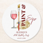 Paint and sip wine and art themed party favors round paper coaster<br><div class="desc">Paint and sip wine and art themed party favors personalized printed paper coasters template ,  brush wine glass and watercolor palette monogram coasters  for art painting party</div>