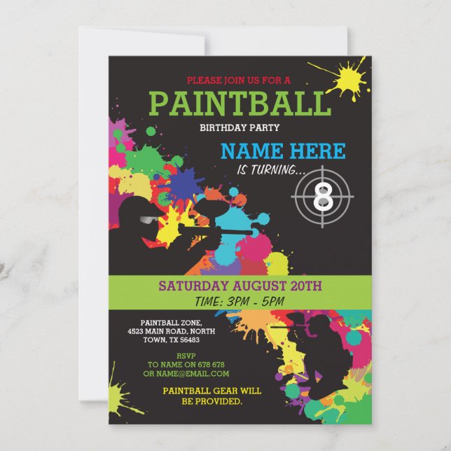 PAINT BALL PAINTBALL INVITE KIDS BIRTHDAY PARTY (Front)