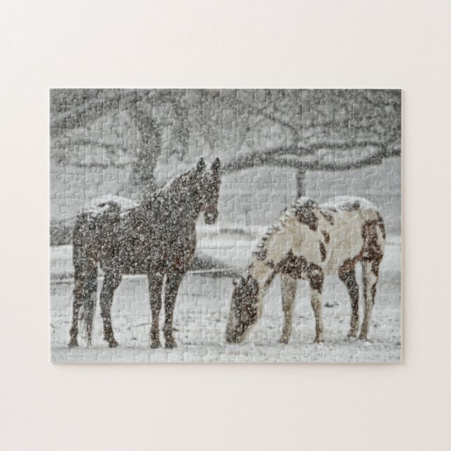 Paint,  Brown Horses Standing in Falling Snow Jigsaw Puzzle (Horizontal)