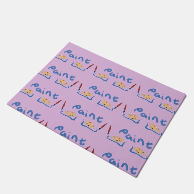 Paint brush and palette on purple doormat (Angled)