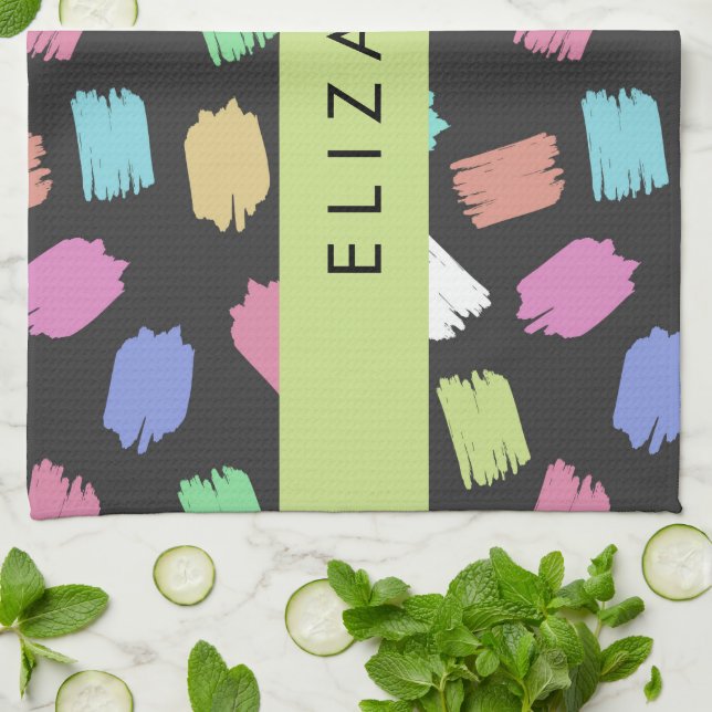 Paint Brush, Colorful Brush Strokes, Your Name Kitchen Towel (Folded)