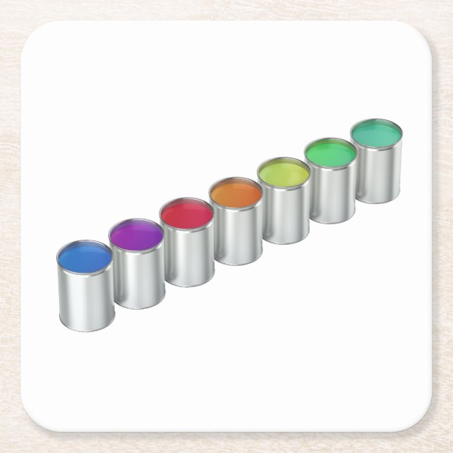 Paint cans with different colors square paper coaster (Front)