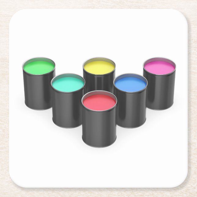 Paint cans with different colors square paper coaster (Front)